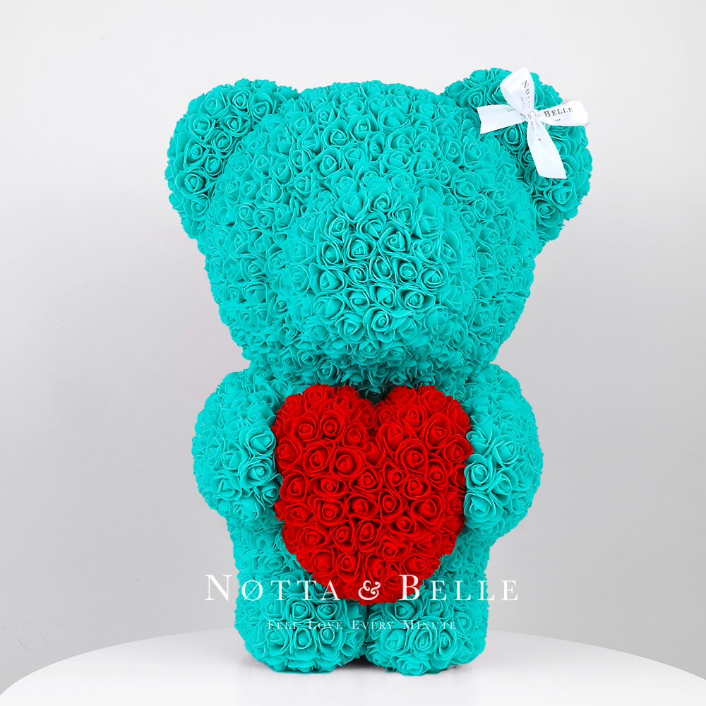 Turquoise Rose Bear with a heart - 22 in. (55cm)