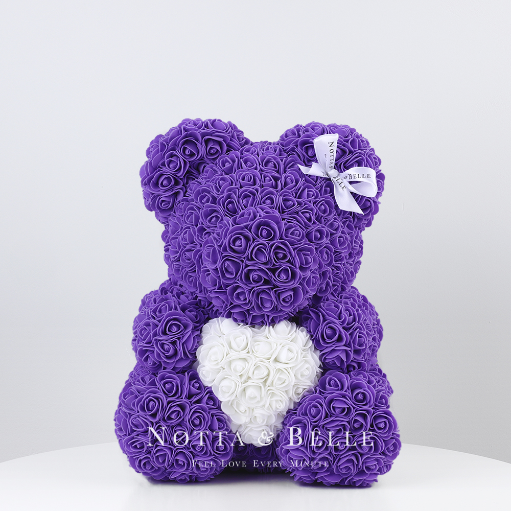 purple rose bear with box