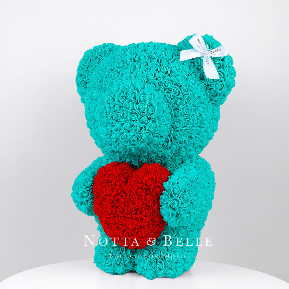 Turquoise Rose Bear with a heart - 22 in. (55cm)