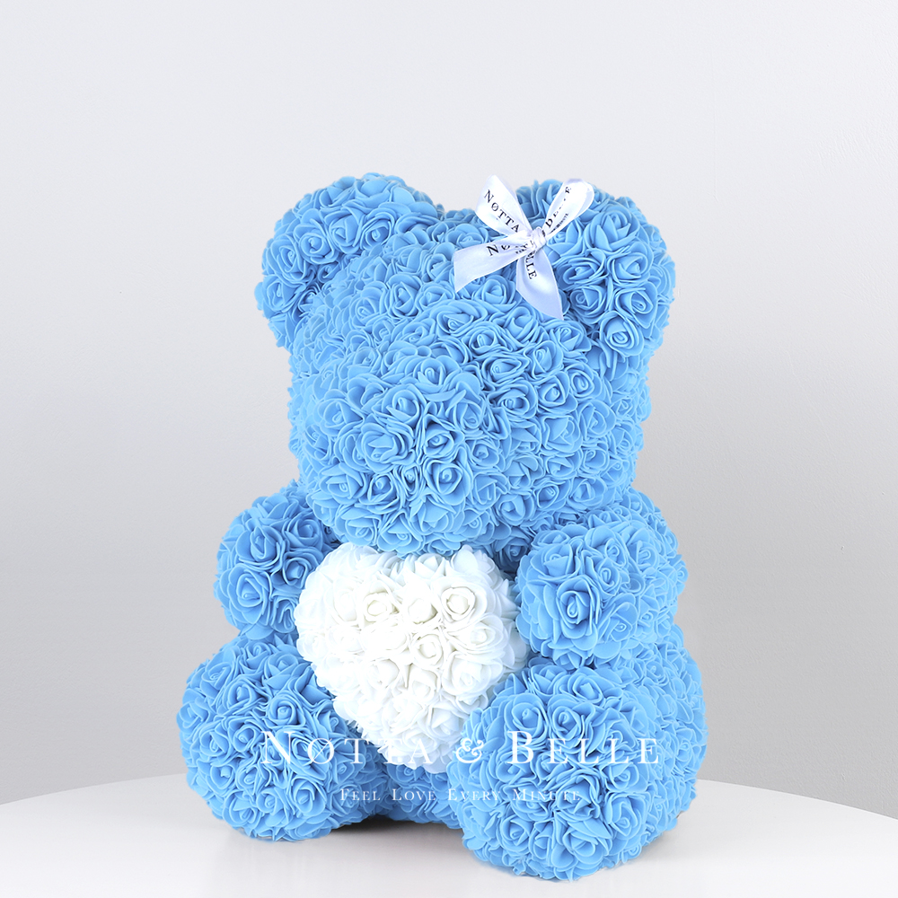 Light blue Rose Bear with a heart - 14 in. (35cm)
