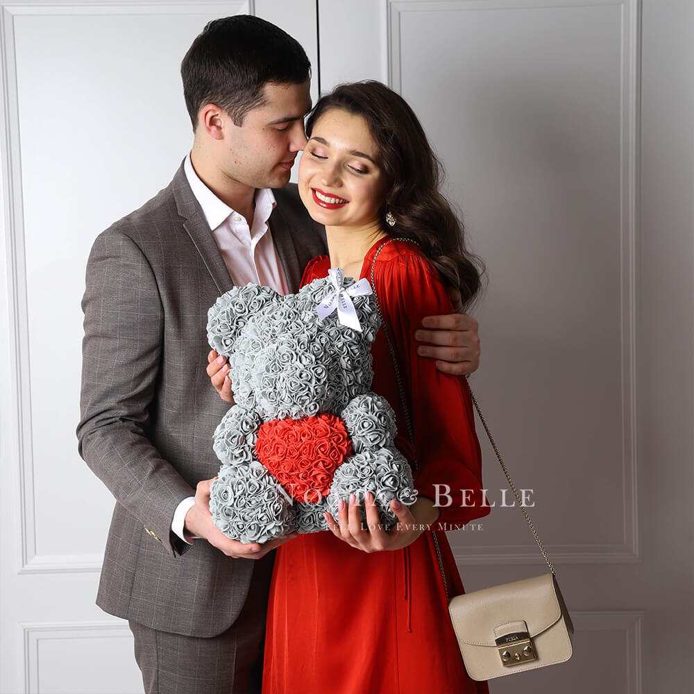 Grey Rose Bears with a heart - 14 in. (35 cm)