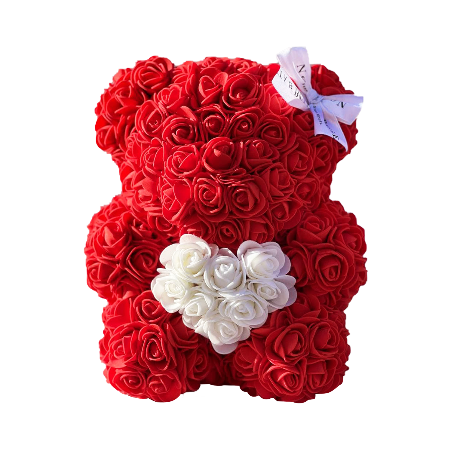 Oso de rosas rojas con un corazón blanco – 25cm