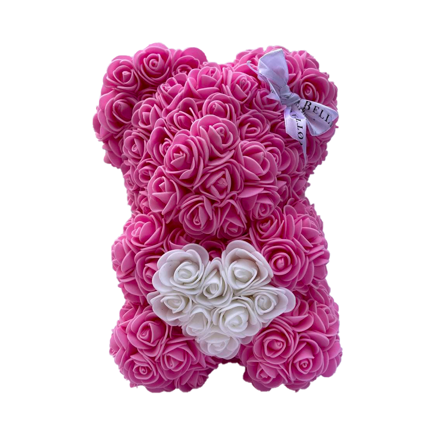 Růžový medvídek z růží s srdcem - 25 cm
