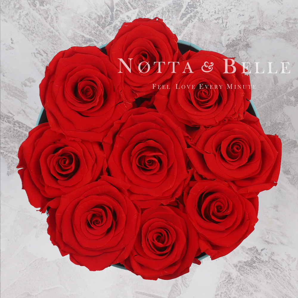Red bouquet «Princess» 9 roses | turquoise box | Notta & Belle
