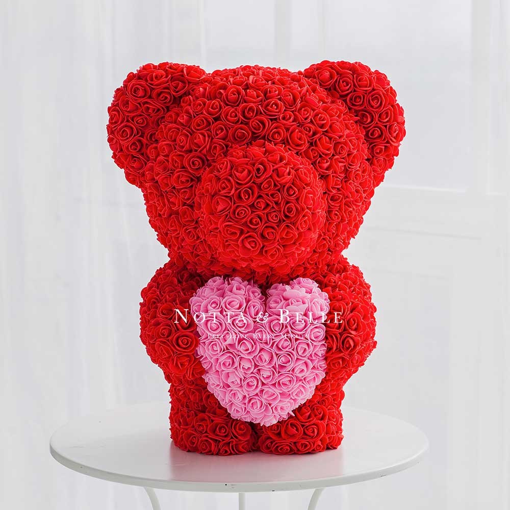 Красный мишка из роз с розовым сердцем - 55 см