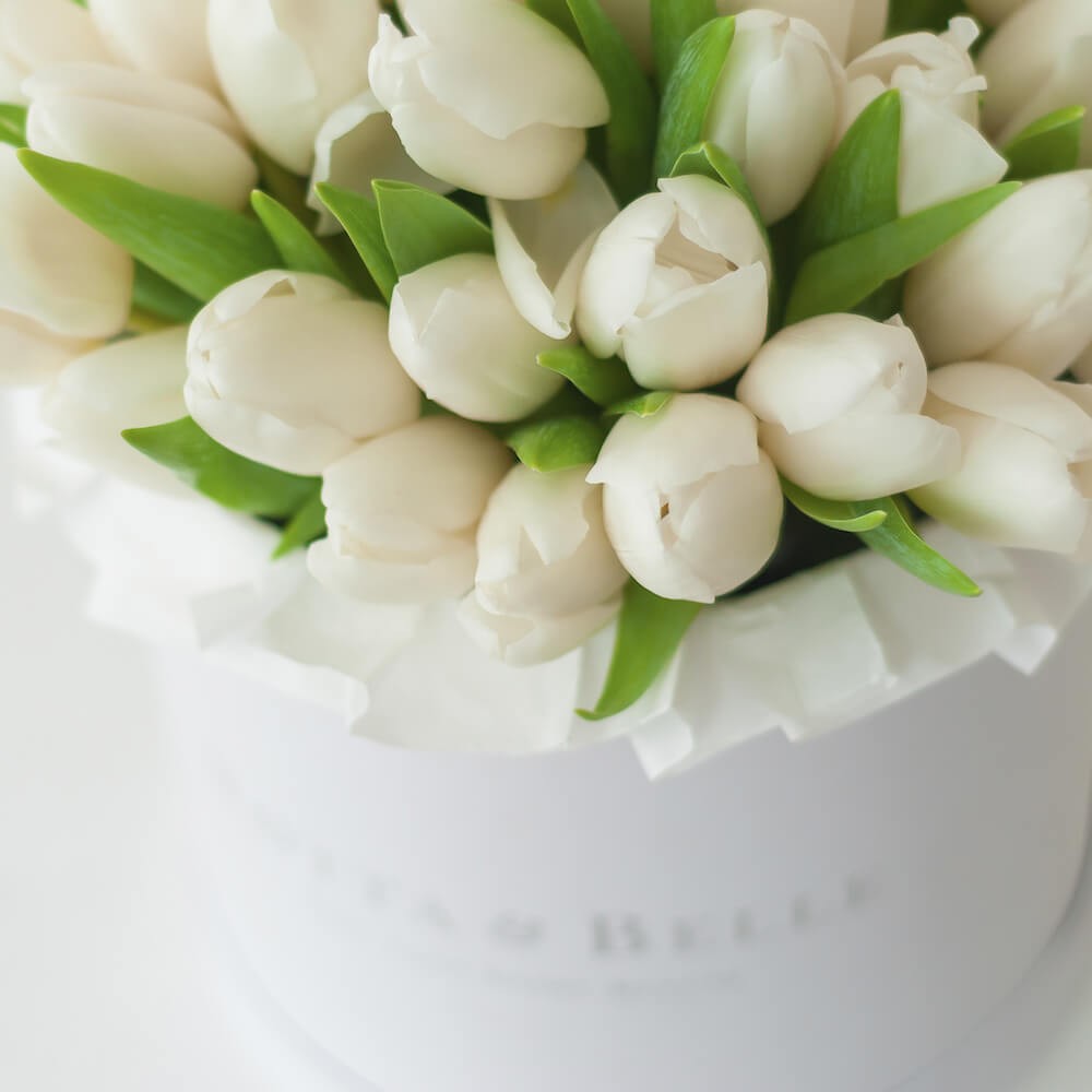 Premium Белые тюльпаны в шляпных коробках белого цвета