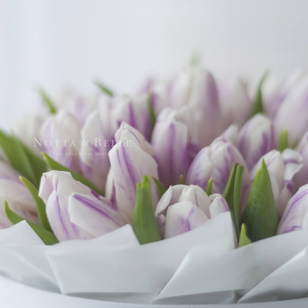 Premium Фиолетово-белые тюльпаны в шляпных коробках черного цвета